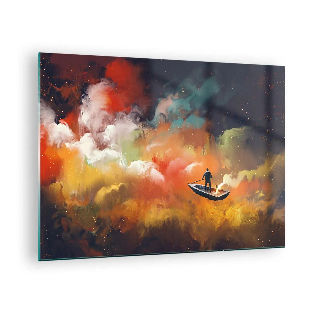 Schilderen op glas - Een figuur op een boot die drijft tussen kleurrijke galactische wolken - 70x50cm - Met de boot door de sterrenstelsel - Moderne wanddecoratie voor woonkamer en slaapkamer ARTTOR