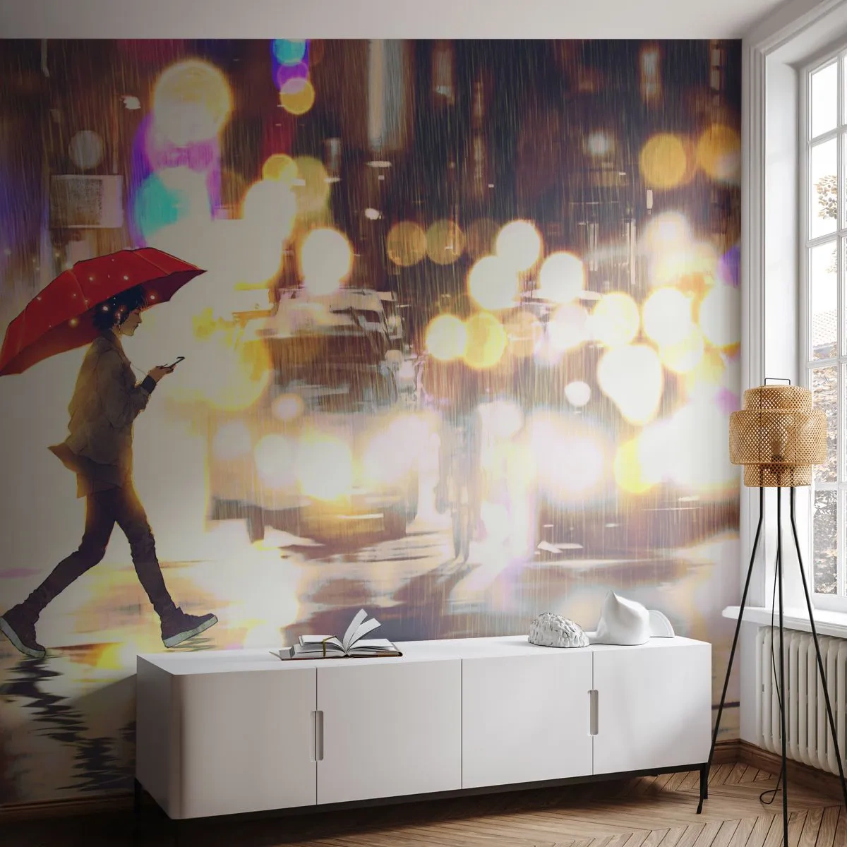 Zelfklevend Fotobehang Deluxe Sticker - Toch zonnig - Stad, Lopen in de regen, Paraplu - 250x175 cm