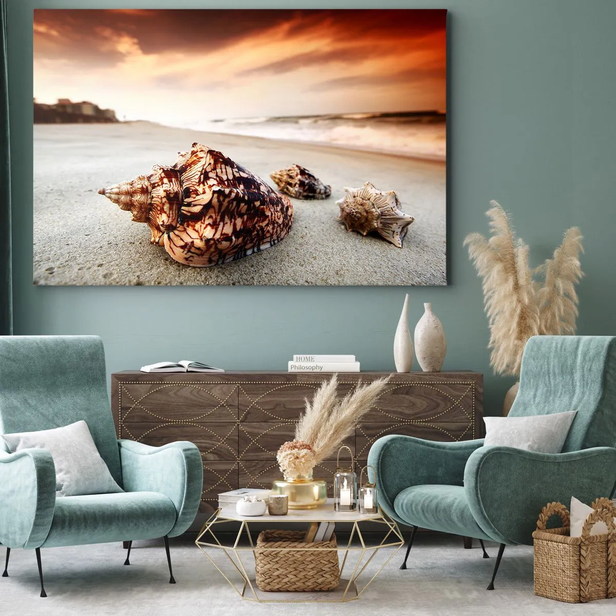 Schilderen op canvas - Schelpen op het strand bij zonsondergang - 70x50cm - Outcasts van golven - Moderne wanddecoratie voor woonkamer en slaapkamer ARTTOR