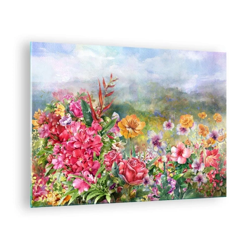 Schilderen op glas - Een boeket kleurrijke bloemen tegen een schilderachtig landschap - 70x50cm - Een tuin die gek is geworden - Moderne wanddecoratie voor woonkamer en slaapkamer ARTTOR