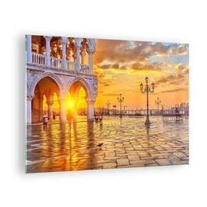 Schilderen op glas - Zonsopgang boven de arcaden en het plein - 70x50cm - Waar is iedereen? - Moderne wanddecoratie voor woonkamer en slaapkamer ARTTOR