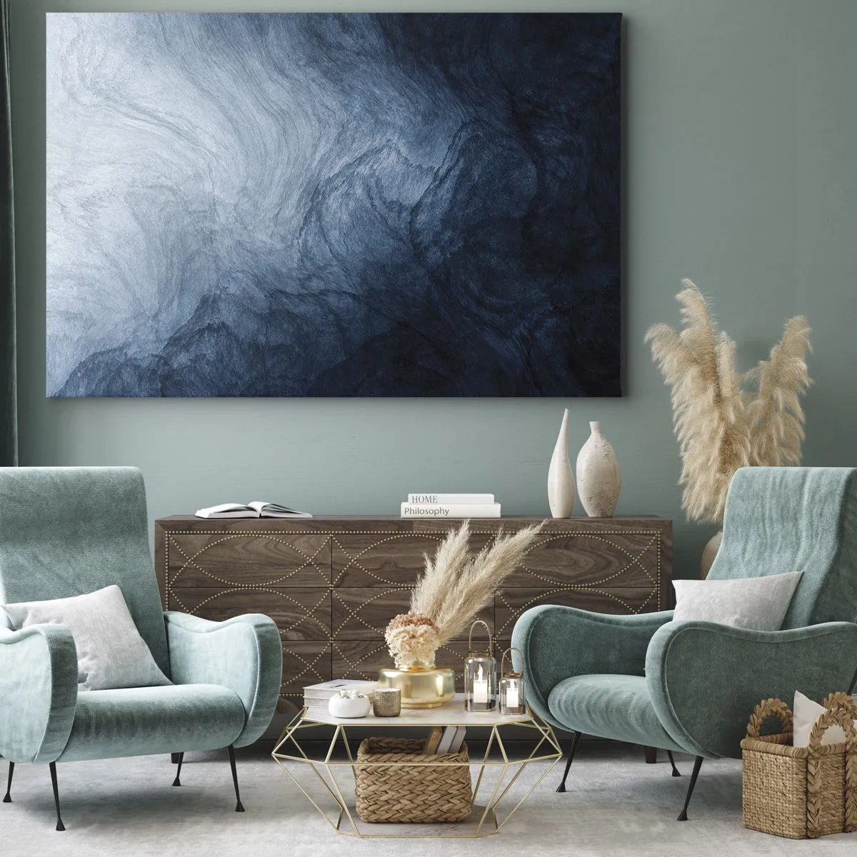 Schilderen op canvas - Een abstracte compositie in tinten blauw en marineblauw. - 70x50cm - diep reiken - Moderne wanddecoratie voor woonkamer en slaapkamer ARTTOR