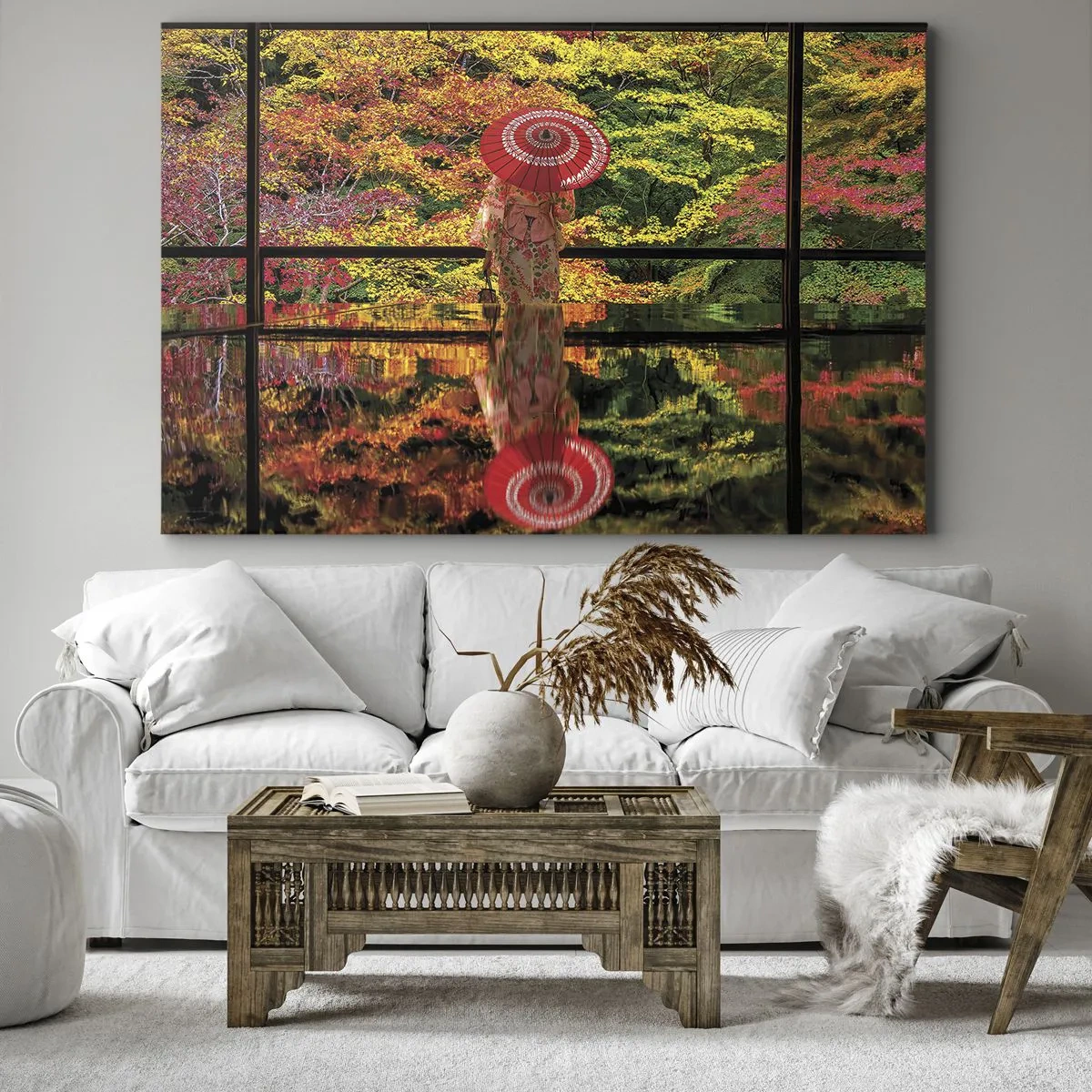 Schilderen op canvas - Een vrouw in een kimono met een paraplu tegen de achtergrond van een herfstlandschap. - 70x50cm - In de tempel van de natuur - Moderne wanddecoratie voor woonkamer en slaapkamer ARTTOR