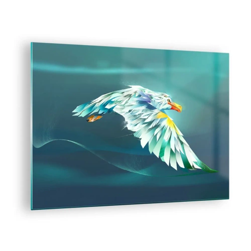 Schilderen op glas - Een abstract beeld van een adelaar in tinten blauw en wit tegen een achtergrond van golven. - 70x50cm - De adelaar van je vluchten is de kracht - Moderne wanddecoratie voor woonkamer en slaapkamer ARTTOR