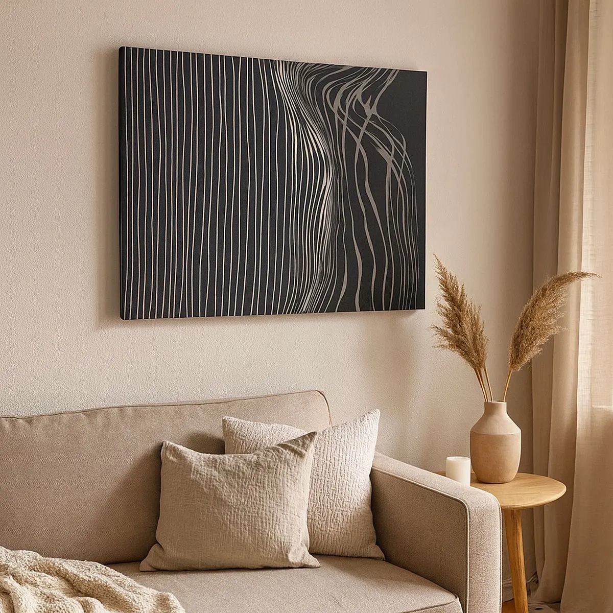 Schilderen op canvas - Witte lijnen op een donkergrijze achtergrond in een abstracte opstelling - 70x50cm - Ritme en accent - Moderne wanddecoratie voor woonkamer en slaapkamer ARTTOR