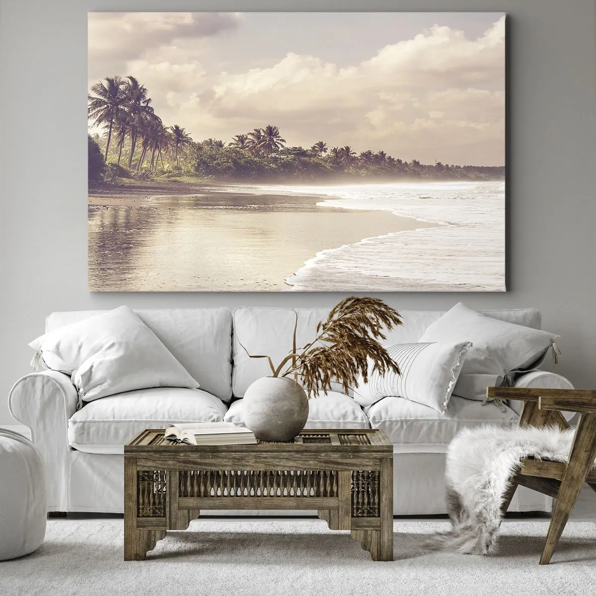 Schilderen op canvas - Een strand met palmbomen en zachte golven in de ochtend - 70x50cm - De streling van de golven - Moderne wanddecoratie voor woonkamer en slaapkamer ARTTOR
