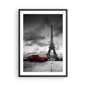 Poster in een zwarte lijst - Een rode auto voor de Eiffeltoren in zwart-wit - 50x70cm - Nog niet zo lang geleden in Parijs - Moderne wanddecoratie voor woonkamer en slaapkamer ARTTOR