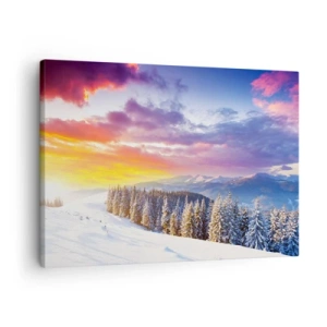 Schilderen op canvas - Winterlandschap met bergen en bos bij zonsondergang - 70x50cm - Op klaarlichte dag - Moderne wanddecoratie voor woonkamer en slaapkamer ARTTOR