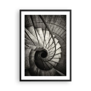 Poster in een zwarte lijst - Zwart-witfoto van een wenteltrap van bovenaf - 50x70cm - De trap op, de trap af - Moderne wanddecoratie voor woonkamer en slaapkamer ARTTOR