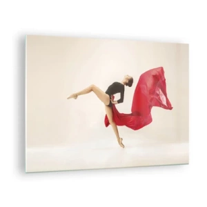 Schilderen op glas - Een danseres in een dynamische sprong met rode stof - 70x50cm - rood en zwart - Moderne wanddecoratie voor woonkamer en slaapkamer ARTTOR