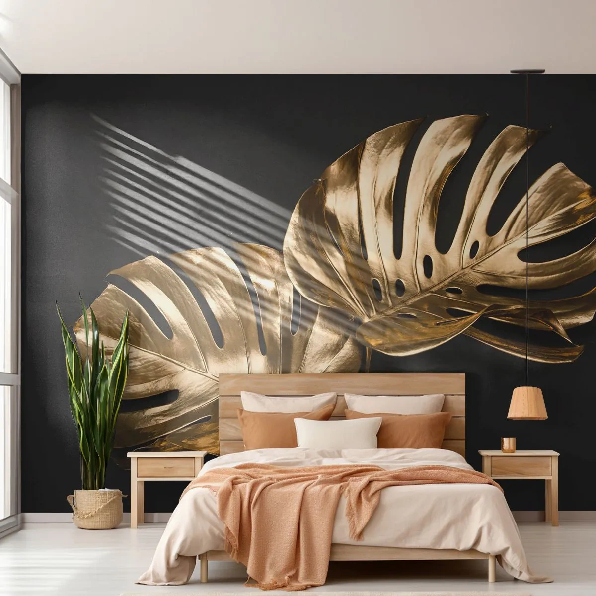 Fotobehang Premium Sand - De schatten van de natuur - Abstractie, Gouden bladeren, Monstera-blad - 100x70 cm