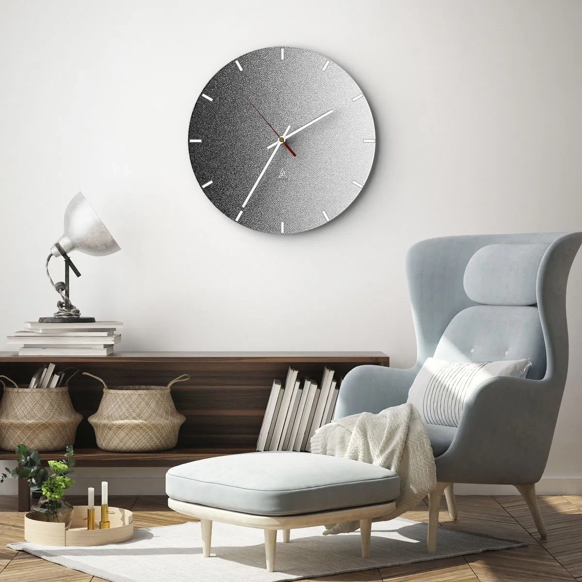 Wandklok - Klok - Een zwart-witverloop van dichte stippen die in licht overgaan. - 30x30cm - Naar het licht - Moderne wanddecoratie voor woonkamer, keuken en slaapkamer ARTTOR