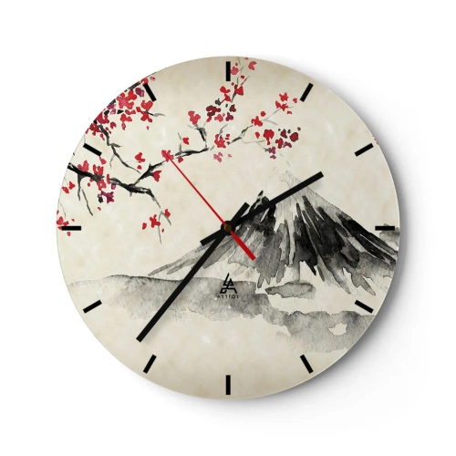 Wandklok - Klok - Traditioneel Japans aquarelschilderij van een berg en kersenbloesems - 30x30cm - Houd van Japan - Moderne wanddecoratie voor woonkamer, keuken en slaapkamer ARTTOR