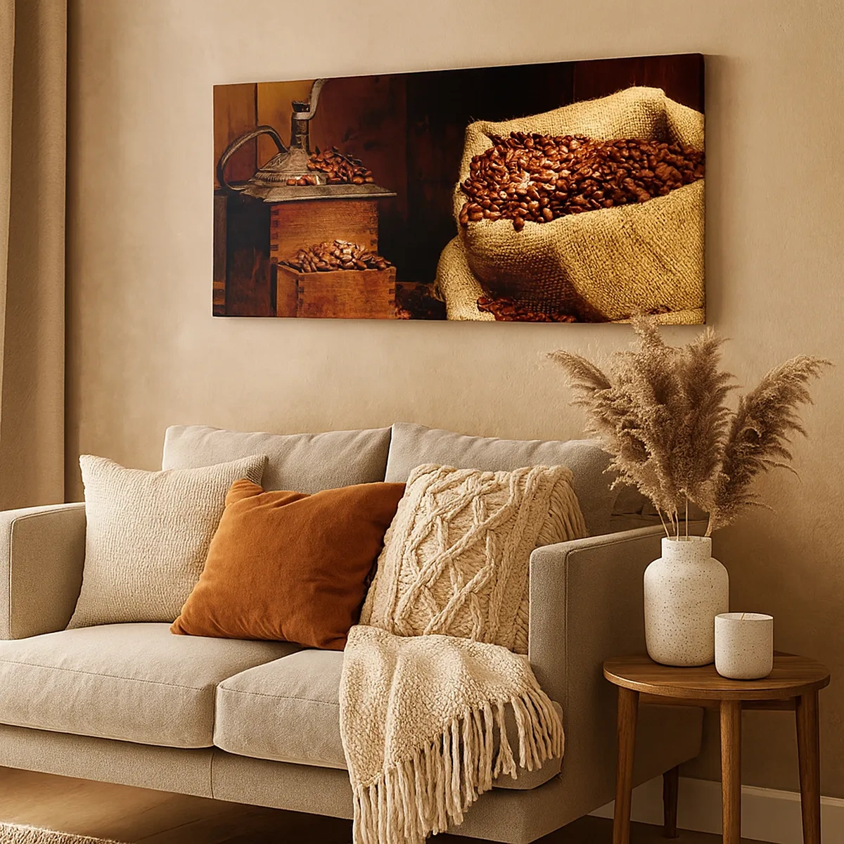 Schilderen op canvas - Stilleven met koffiebonen en een molen - 30x30 cm