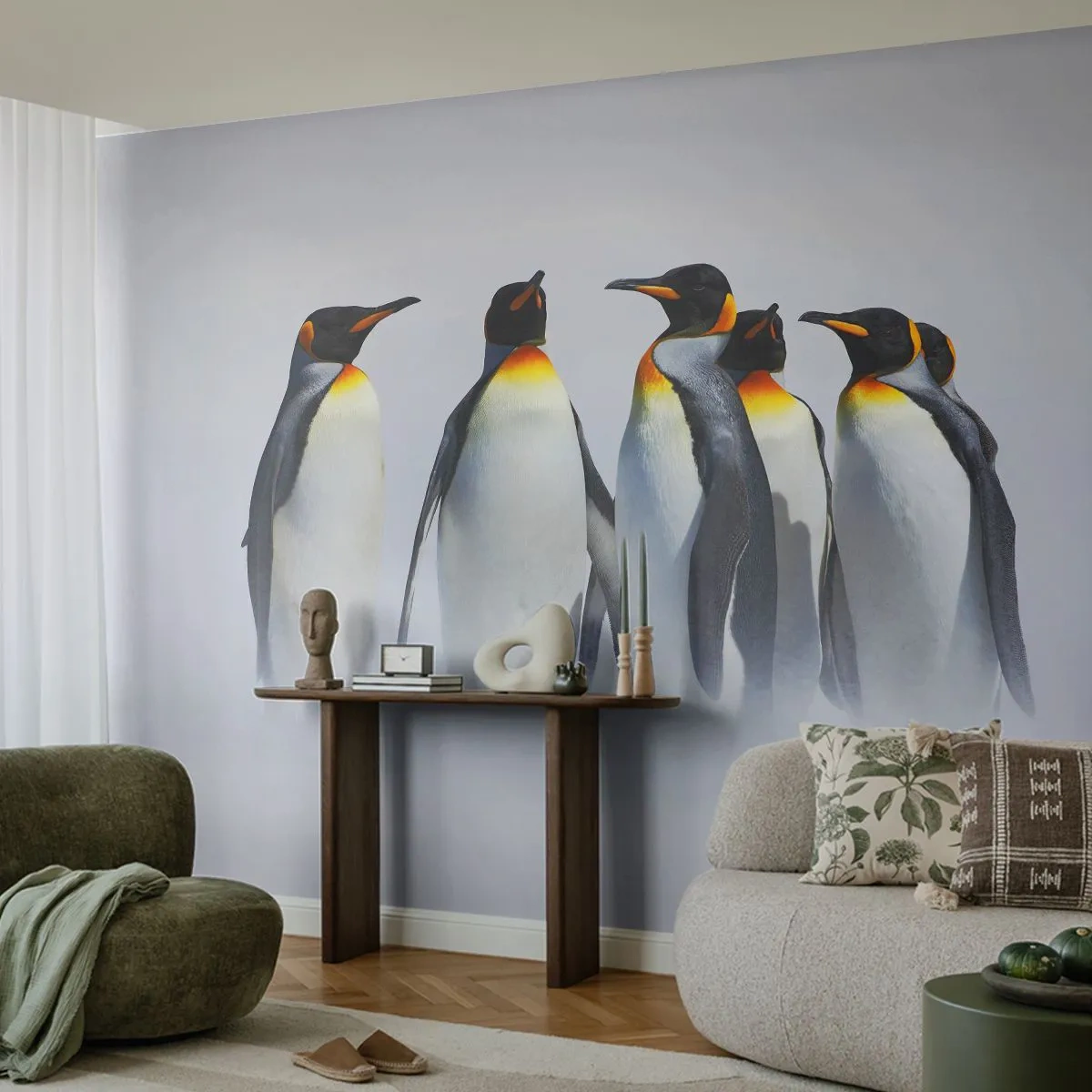 Fotobehang Premium Canvas - Ontmoeting in avondjurken - Dieren, pinguïn, Natuur - 250x175 cm