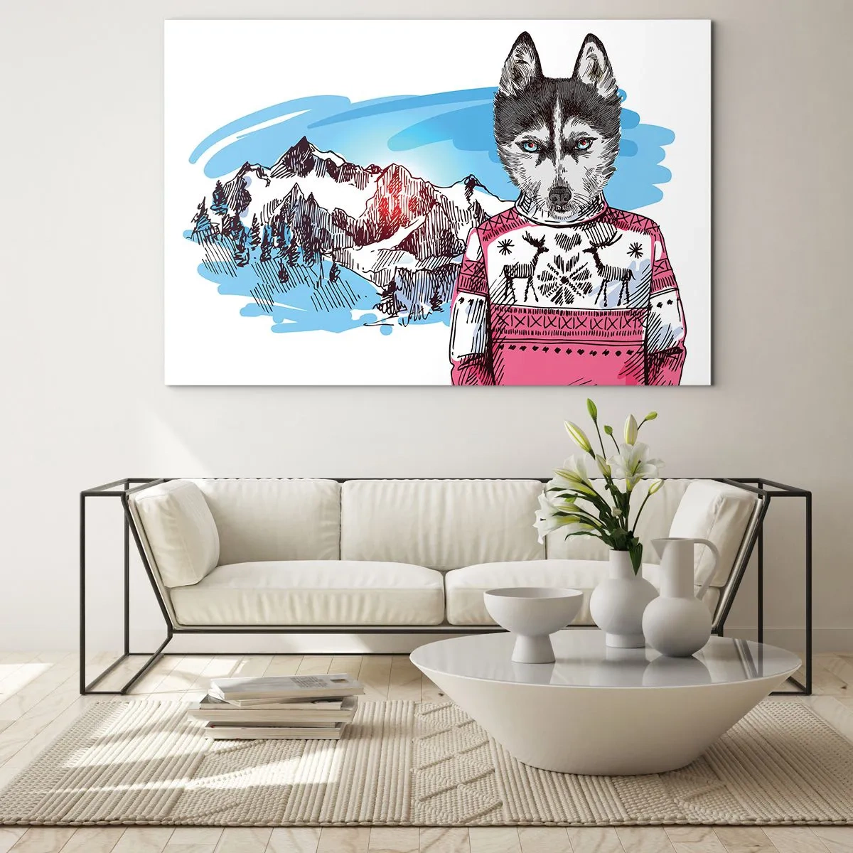 Schilderen op glas - Husky in een trui met bergen op de achtergrond - 70x50cm - Een wolf in schaapswol - Moderne wanddecoratie voor woonkamer en slaapkamer ARTTOR