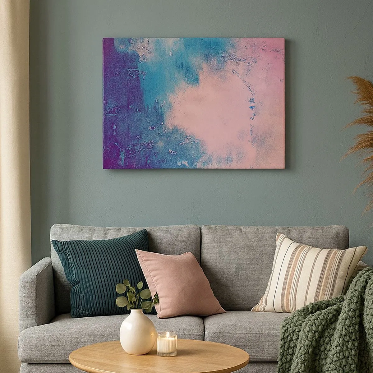 Schilderen op canvas - Abstracte textuur in tinten roze en blauw - 70x50cm - Hemelse omhelzingen - Moderne wanddecoratie voor woonkamer en slaapkamer ARTTOR