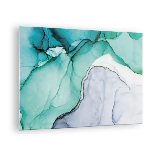 Schilderen op glas - Een abstract schilderij in tinten turquoise en wit, met fijne barsten. - 70x50cm - Een studie in turkoois - Moderne wanddecoratie voor woonkamer en slaapkamer ARTTOR