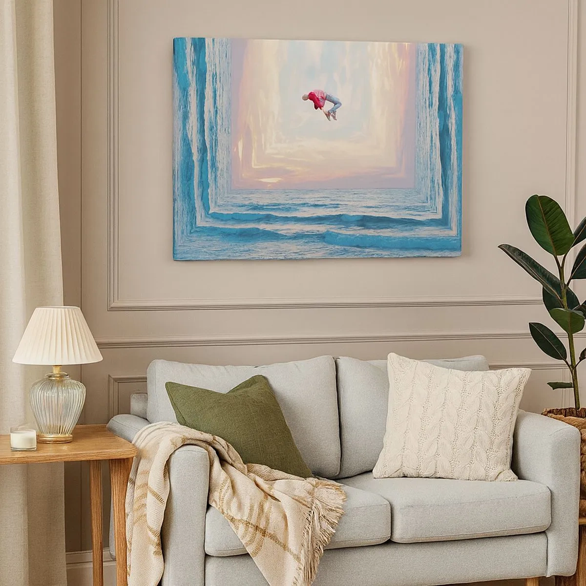 Schilderen op canvas - Surrealistische sprong over de zee in het frame - 70x50cm - Naar een andere dimensie - Moderne wanddecoratie voor woonkamer en slaapkamer ARTTOR