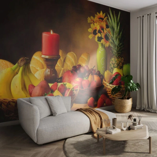 Fotobehang Premium Canvas - Stilleven met brood en fruit - Gastronomie, Bloemen, Fruit - 300x210 cm