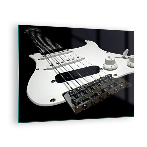 Schilderen op glas - Close-up van een witte elektrische gitaar tegen een donkere achtergrond - 70x50cm - Geluid verborgen in het wit - Moderne wanddecoratie voor woonkamer en slaapkamer ARTTOR