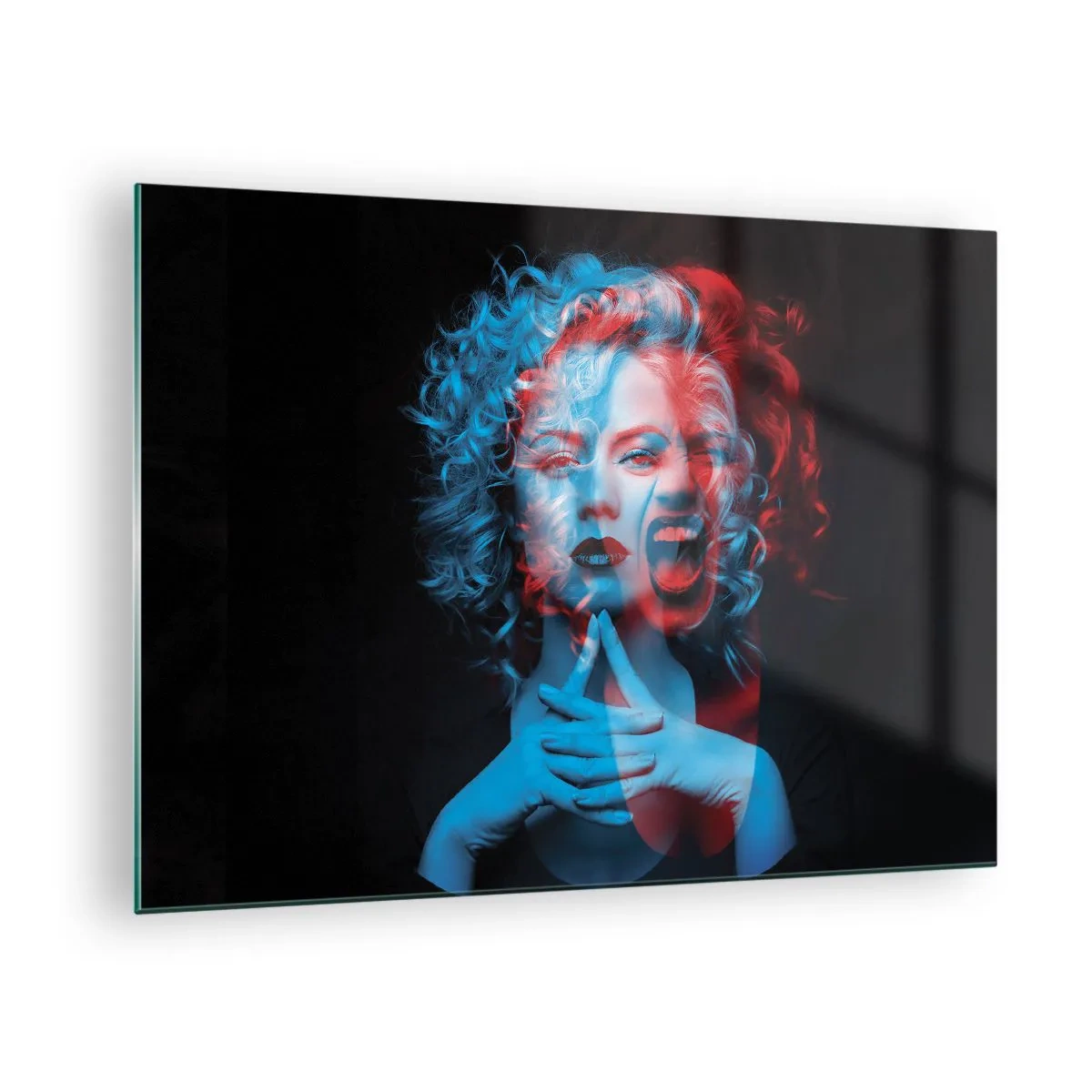 Schilderen op glas - Portret van een vrouw met een kleurverschuivingseffect, in blauwe en rode tinten - 70x50cm - Alter ego - Moderne wanddecoratie voor woonkamer en slaapkamer ARTTOR