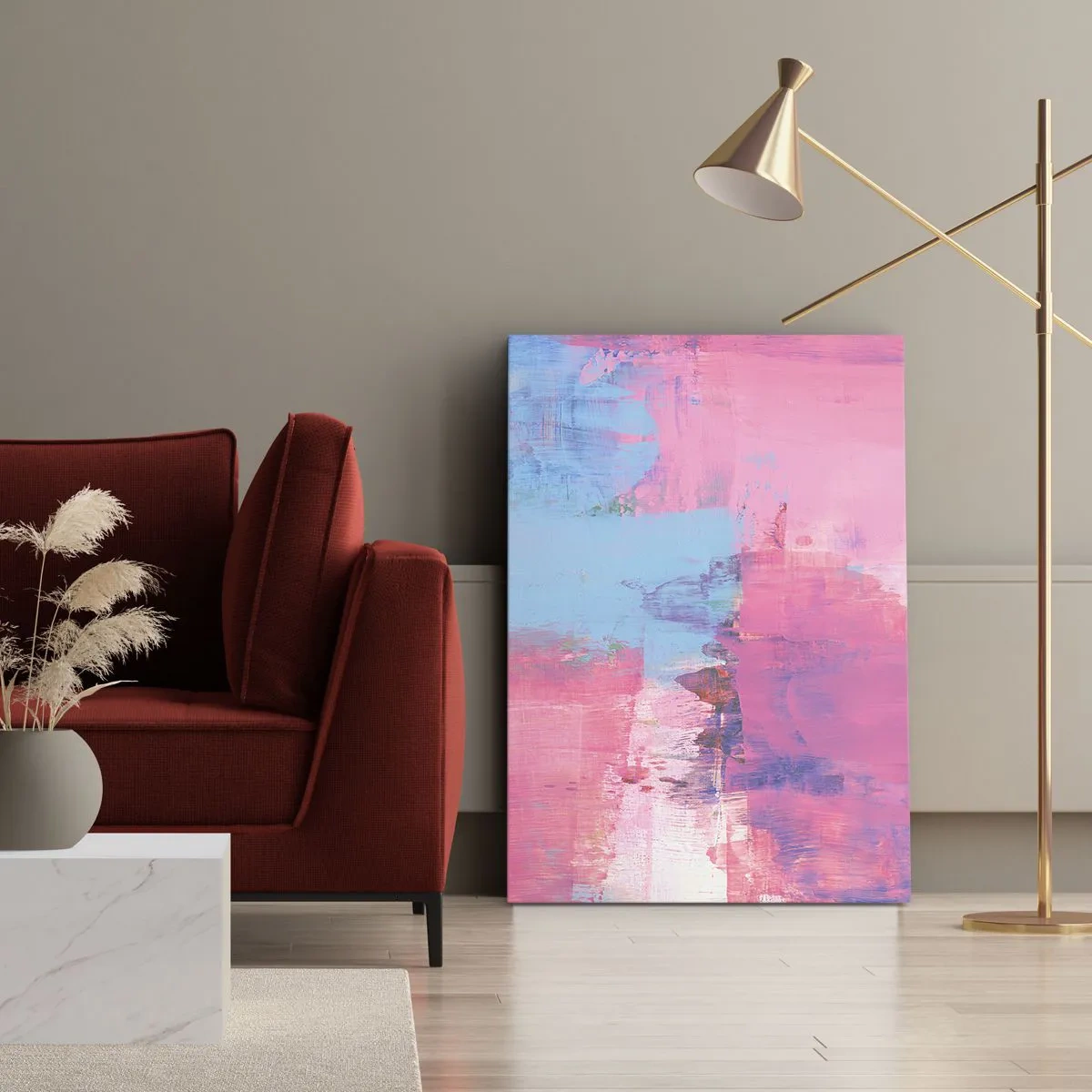 Schilderen op canvas - Roze, blauw en een vleugje licht - 70x100 cm