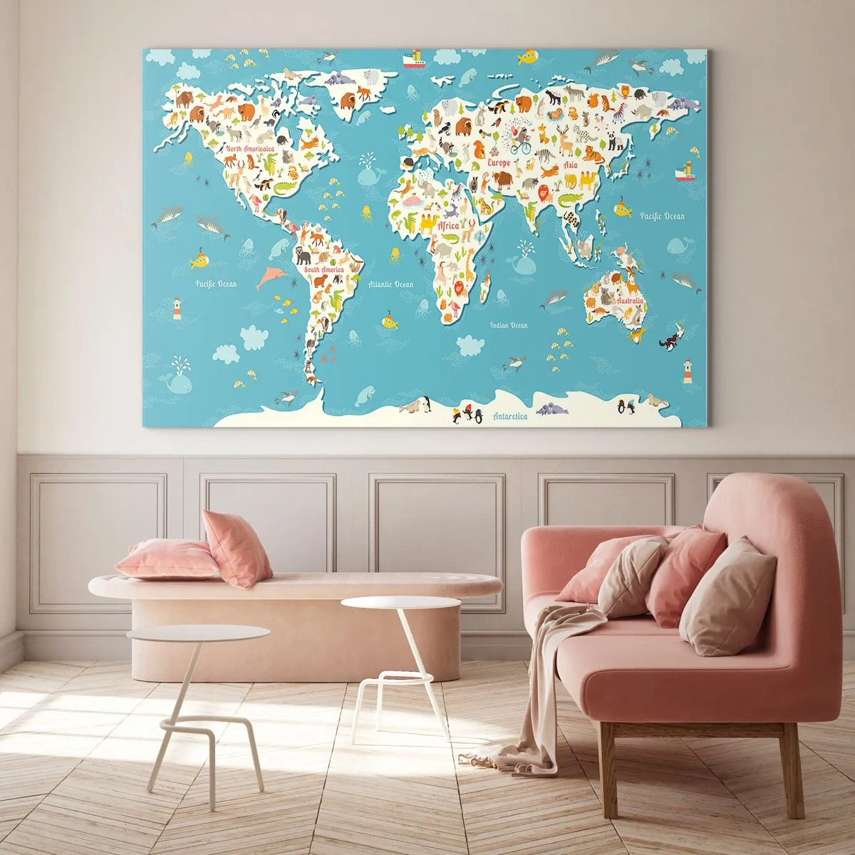 Schilderen op glas - Kleurrijke wereldkaart met dieren- en oceaanmotieven - 70x50cm - We houden van de hele wereld - Moderne wanddecoratie voor woonkamer en slaapkamer ARTTOR
