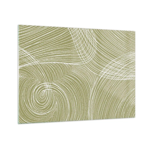 Schilderen op glas - Witte lijnen vormen een complexe structuur tegen een olijfgroene achtergrond. - 70x50cm - Ingewikkelde abstractie in wit - Moderne wanddecoratie voor woonkamer en slaapkamer ARTTOR