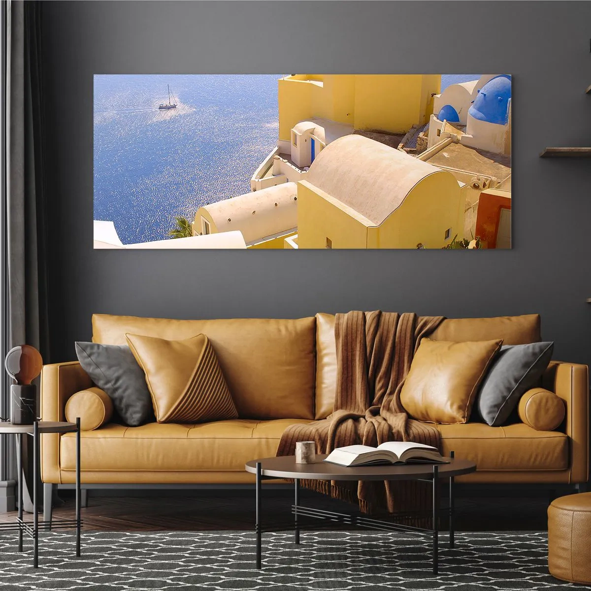 Schilderen op glas - Grieks landschap in wit en blauw - 140x50 cm