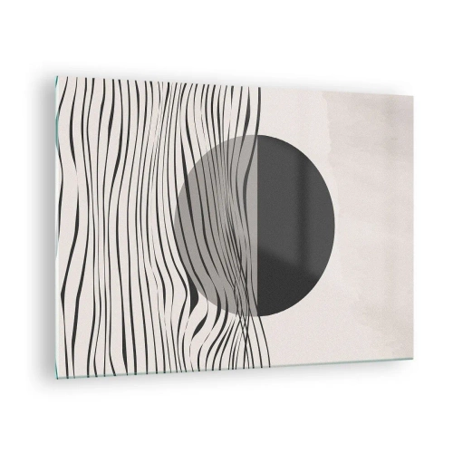 Schilderen op glas - Zwarte golven en een cirkel op een beige achtergrond - 70x50cm - Halve compositie - Moderne wanddecoratie voor woonkamer en slaapkamer ARTTOR