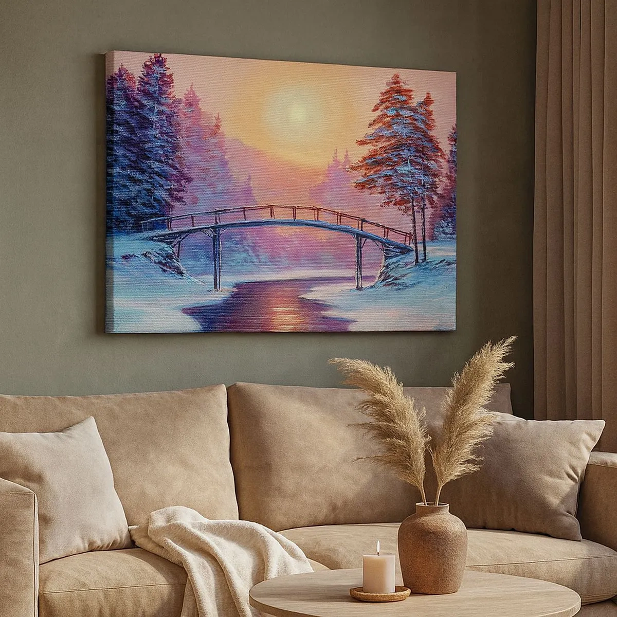 Schilderen op canvas - Winterlandschap met een brug verlicht door de zonsondergang - 70x50cm - Vier seizoenen - winter - Moderne wanddecoratie voor woonkamer en slaapkamer ARTTOR