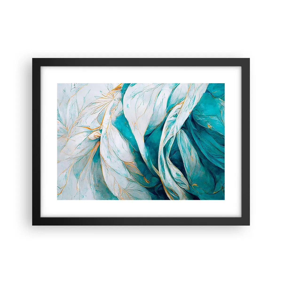 Poster in een zwarte lijst - Blauwe abstractie met een gouden motief - 40x30 cm