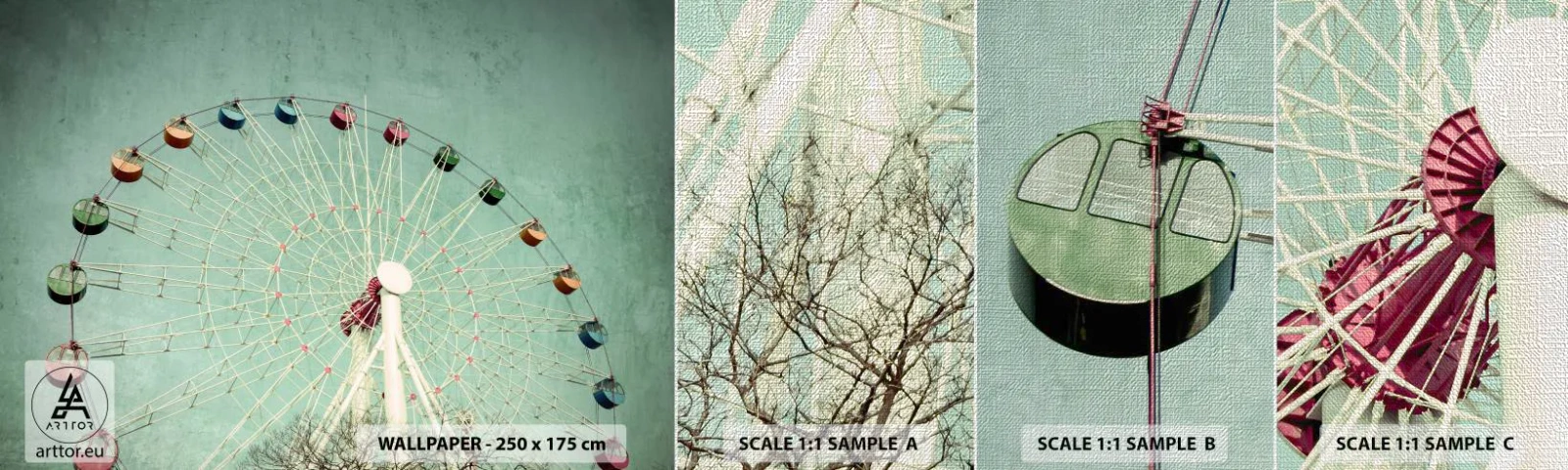 Fotobehang Monster Premium Canvas - Wij nodigen u uit om plezier te hebben - reuzenrad, Draaimolen, Vintage - 100x30 cm