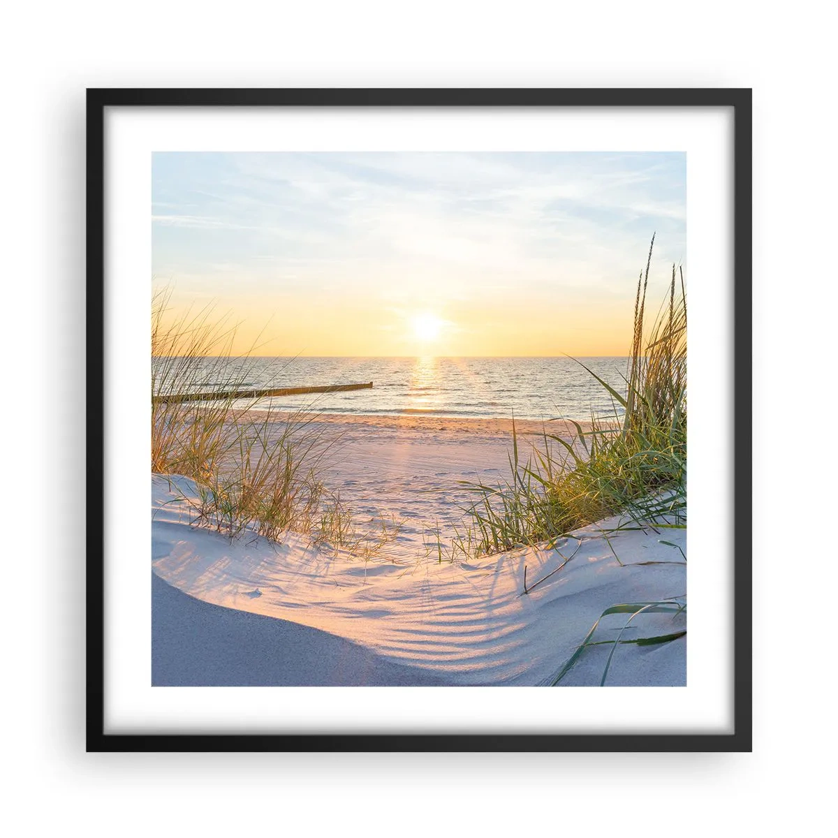 Poster in een zwarte lijst - Het geluid van de zee, het zingen van vogels, een wild strand tussen het gras... - 50x50 cm