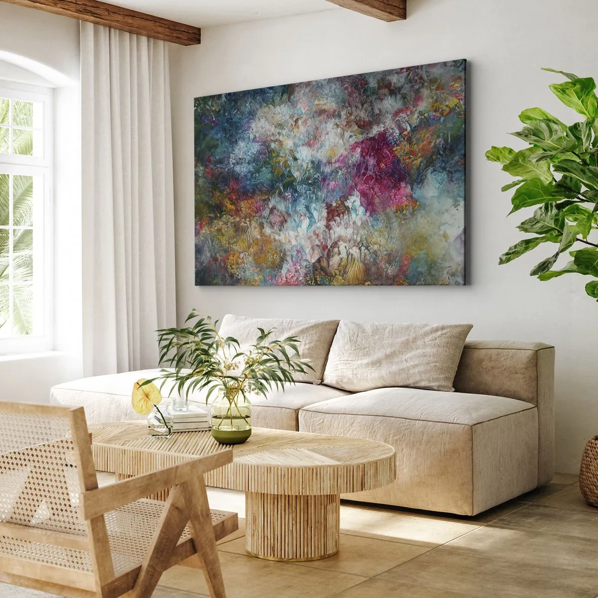 Schilderen op canvas - Een kleurrijke abstractie die lijkt op bloeiende bloemen - 70x50cm - Volledig in bloei - Moderne wanddecoratie voor woonkamer en slaapkamer ARTTOR
