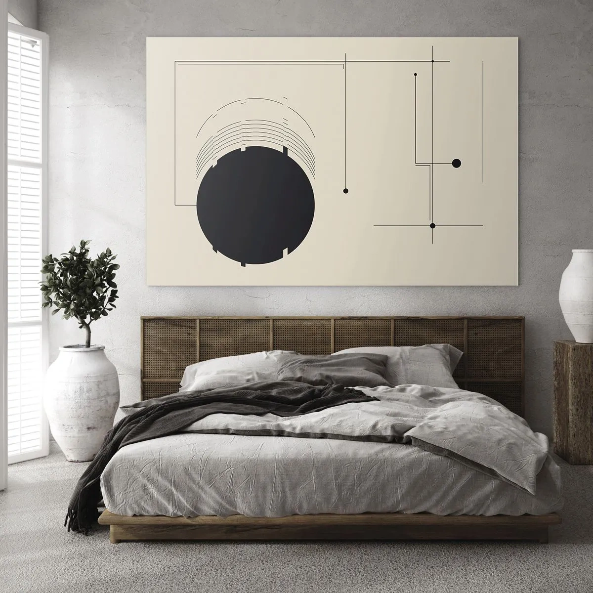 Schilderen op glas - Abstracte compositie met een zwarte cirkel en geometrische lijnen - 70x50cm - Een flexibele en dynamische compositie - Moderne wanddecoratie voor woonkamer en slaapkamer ARTTOR