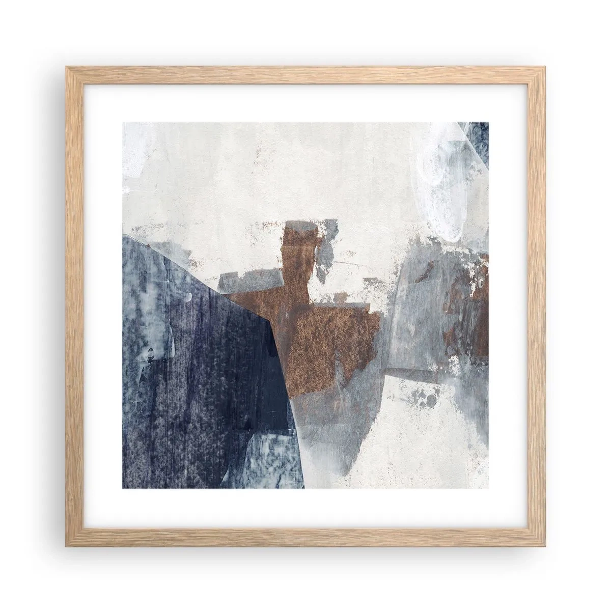 Een poster in een licht eiken lijst - Blauwe en bruine vormen - 40x40 cm
