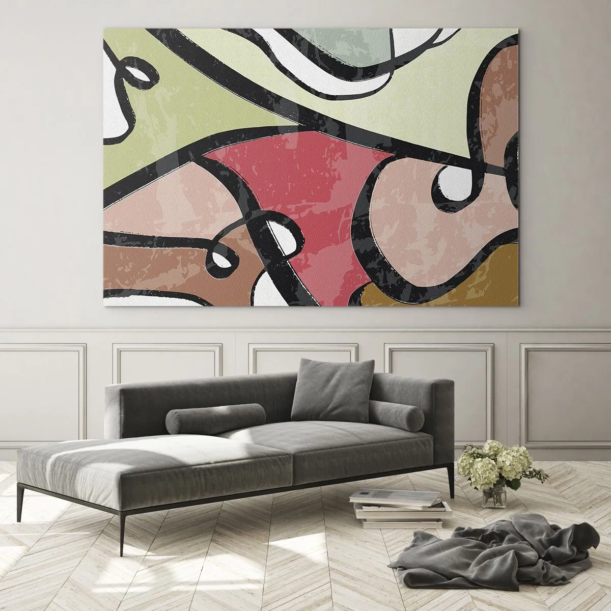 Schilderen op glas - Kleurrijke abstractie met zwarte lijnen - 70x50cm - Pirouettes tussen kleuren - Moderne wanddecoratie voor woonkamer en slaapkamer ARTTOR