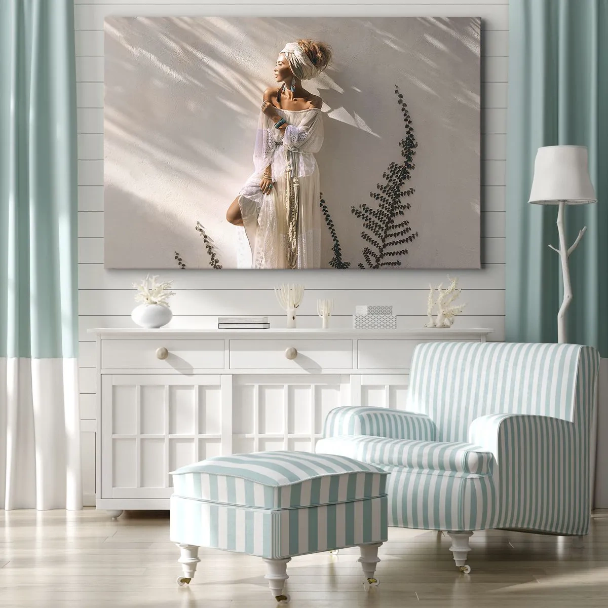 Schilderen op canvas - Een vrouw in boho-stijl verlicht door de zonnestralen - 70x50cm - De zon en het meisje - Moderne wanddecoratie voor woonkamer en slaapkamer ARTTOR