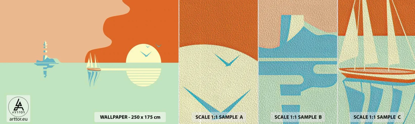 Fotobehang Monster Premium Sand - Het perfecte zeelandschap - Abstractie, Zeilschip, Lantaarn - 100x30 cm