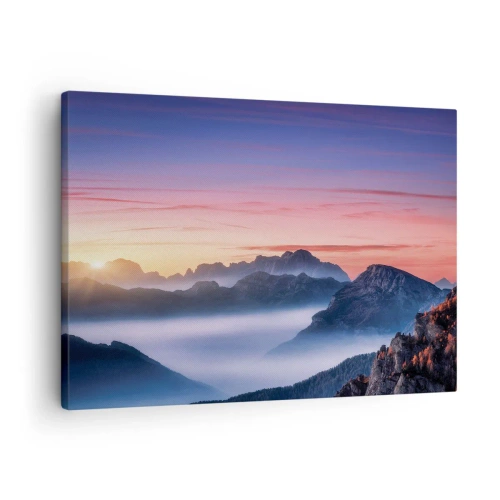 Schilderen op canvas - Berglandschap bij zonsopgang met mist in de valleien - 70x50cm - Over de valleien - Moderne wanddecoratie voor woonkamer en slaapkamer ARTTOR