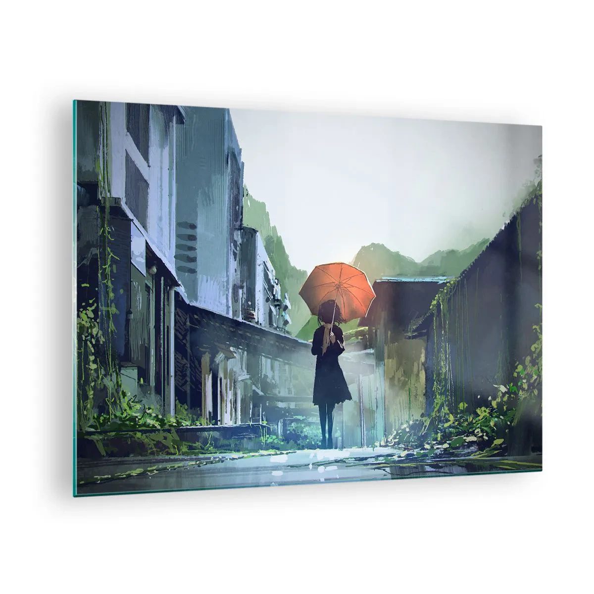 Schilderen op glas - Een figuur met een oranje paraplu op een regenachtige straat - 70x50cm - Verkwikkende regen - Moderne wanddecoratie voor woonkamer en slaapkamer ARTTOR