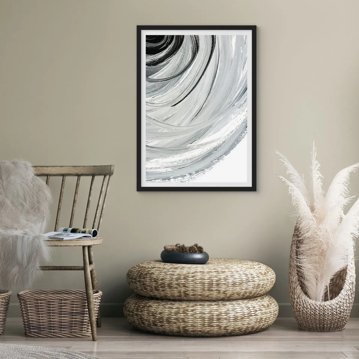 Poster in een zwarte lijst - Dynamische abstractie in tinten zwart, wit en grijs - 50x70cm - Orbitale samenstelling - Moderne wanddecoratie voor woonkamer en slaapkamer ARTTOR