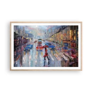 Een poster in een licht eiken lijst - Regenachtige middag in de stad - 91x61 cm