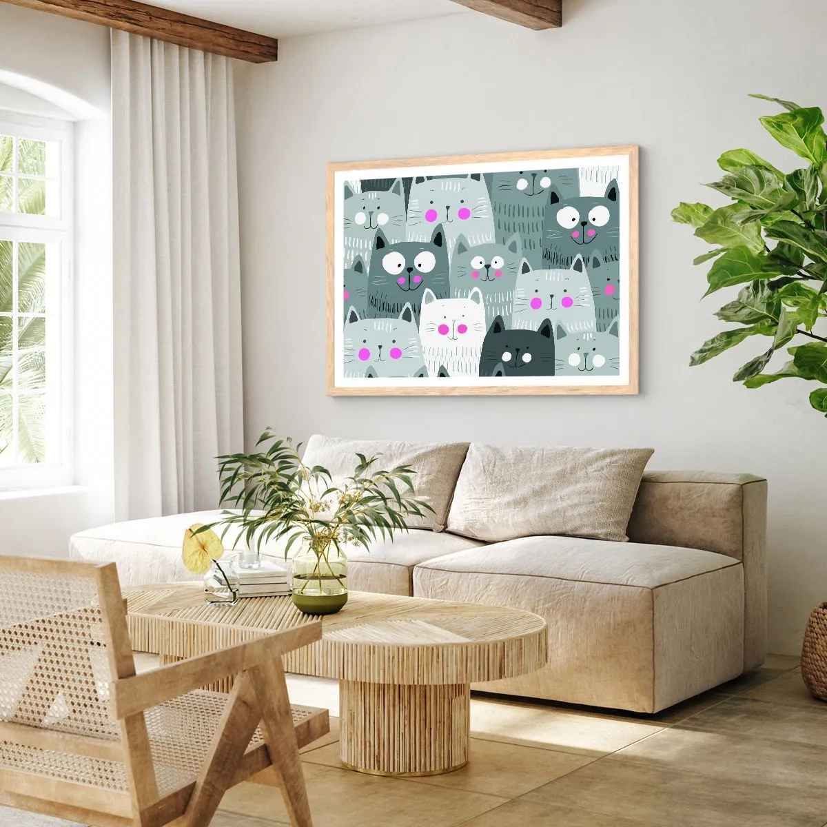 Een poster in een licht eiken lijst - De wereld van de kat - 91x61 cm