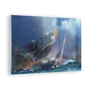 Schilderen op glas - Een zeilboot in een storm voor een rotsachtige kust - 70x50cm - Wie de moed heeft, wint - Moderne wanddecoratie voor woonkamer en slaapkamer ARTTOR