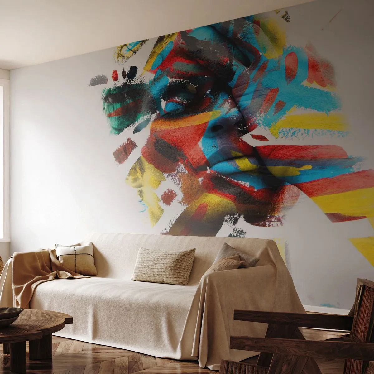 Fotobehang Standard Eco - Kleurrijk portret van een vrouw in artistieke aquarelstijl - 100x70cm - Een kleurrijke persoonlijkheid - Moderne wanddecoratie voor woonkamer en slaapkamer ARTTOR