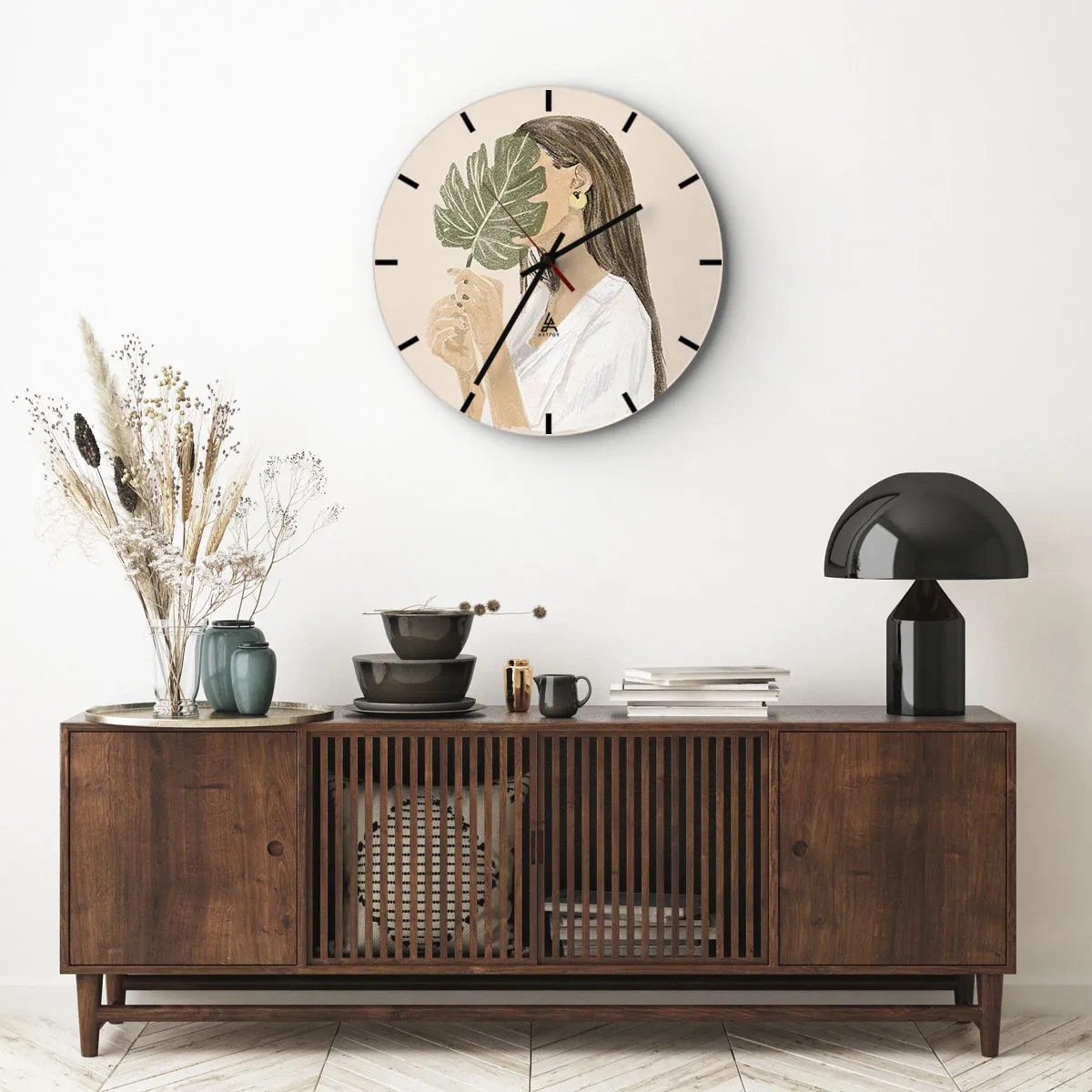 Wandklok - Klok - Mysterieus portret met een waaier - 40x40 cm