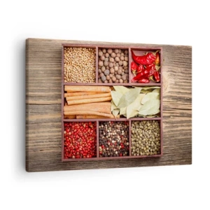 Schilderen op canvas - Houten kist met diverse kruiden in vakjes - 70x50cm - Volgorde van vormen, boeket van aroma's - Moderne wanddecoratie voor woonkamer en slaapkamer ARTTOR
